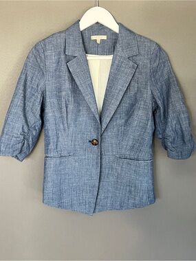 Just Ginger 100% Cotton Blue Blazer Short Short Sleeve Jacket Cream Lining